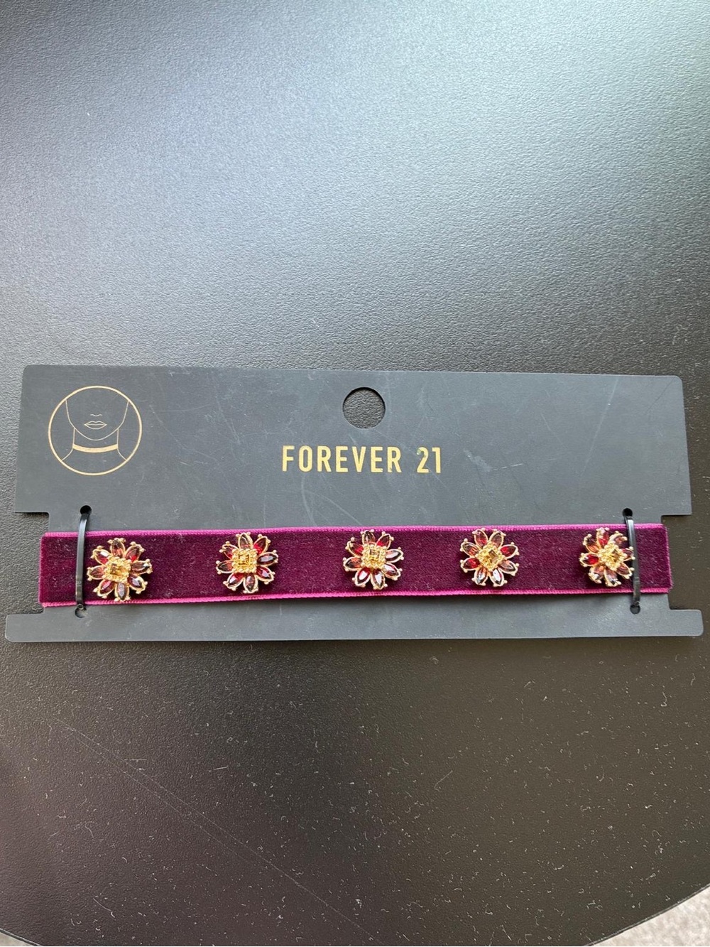 Forever 21 Plum Velvet Flower Charm Choker with Gold Accents